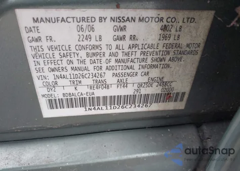 2006 Nissan Altima 2.5 S из США, поврежденный, VIN 1N4AL11D26C234267